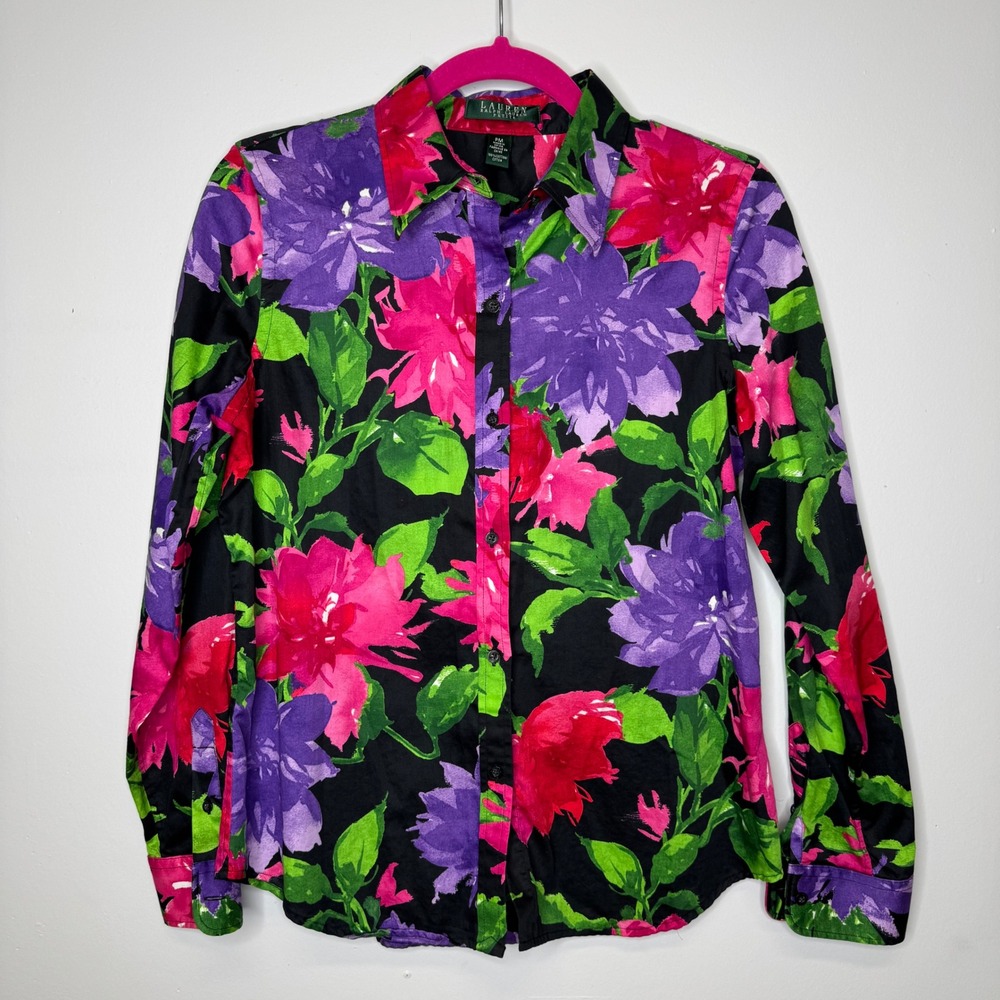 Lauren Ralph Lauren Petite PM Floral Button Down Shirt Black Pink Purple Cotton